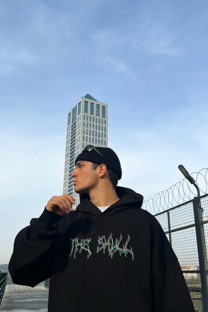 The Skull Basklı Siyah Oveersize Hoodie