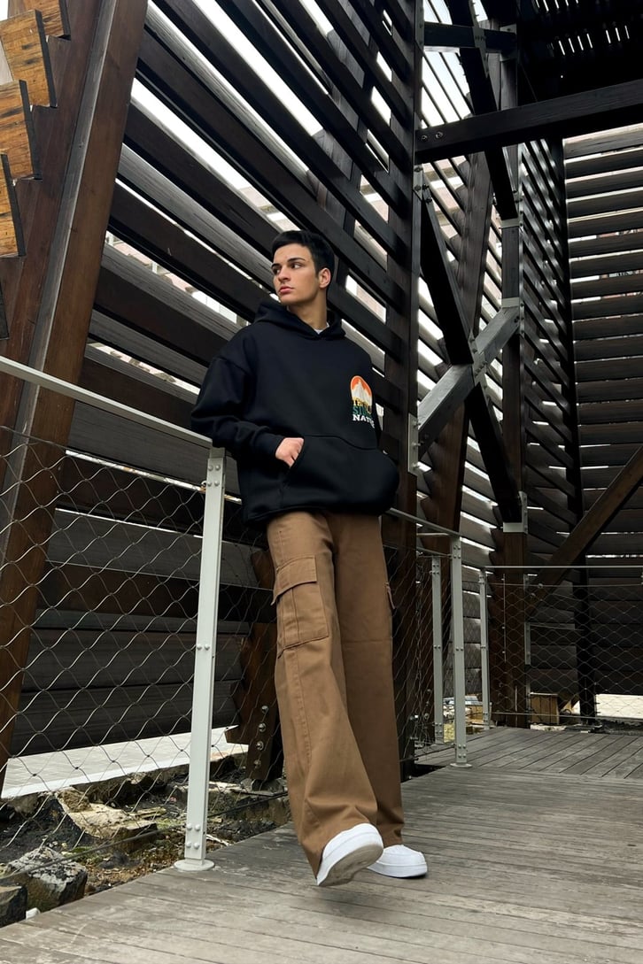 The Wild Sırt Baskılı Siyah Oversize Hoodie
