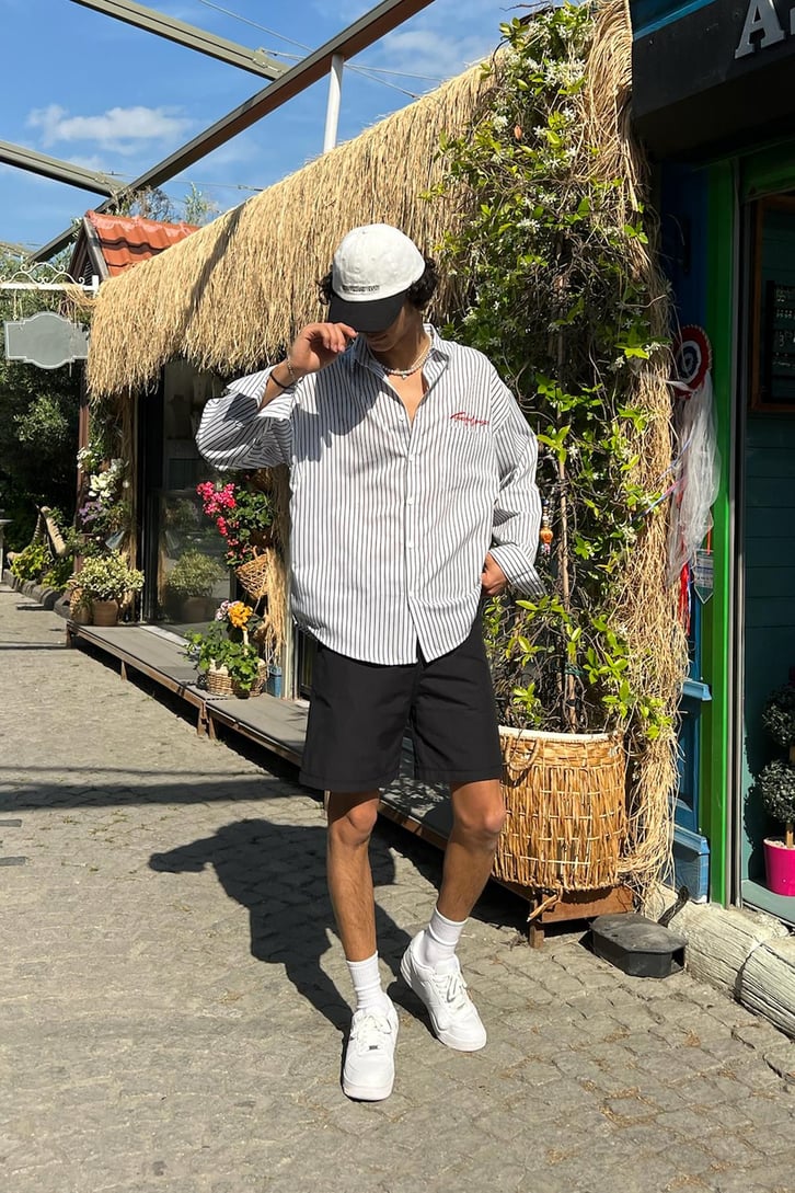 TheDad Nakışlı Çizgili Oversize Gömlek