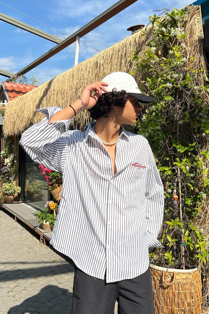 TheDad Nakışlı Çizgili Oversize Gömlek