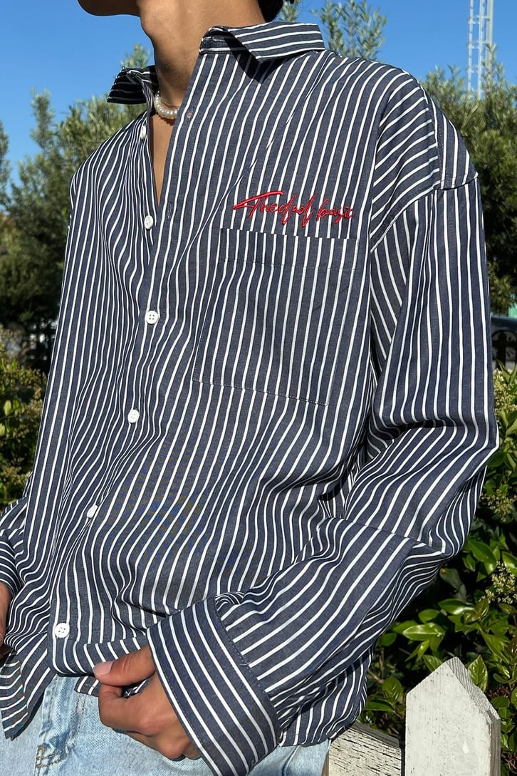 TheDad Nakışlı Çizgili Oversize Gömlek