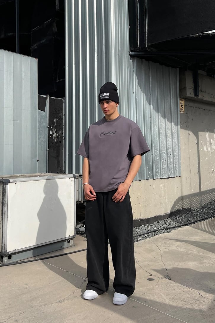 TheDad Nakışlı Washed Füme Oversize Tişört