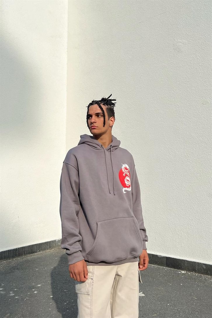 Tokyo Dragon Baskılı Koyu Gri İçi Pamuklu Oversize Hoodie