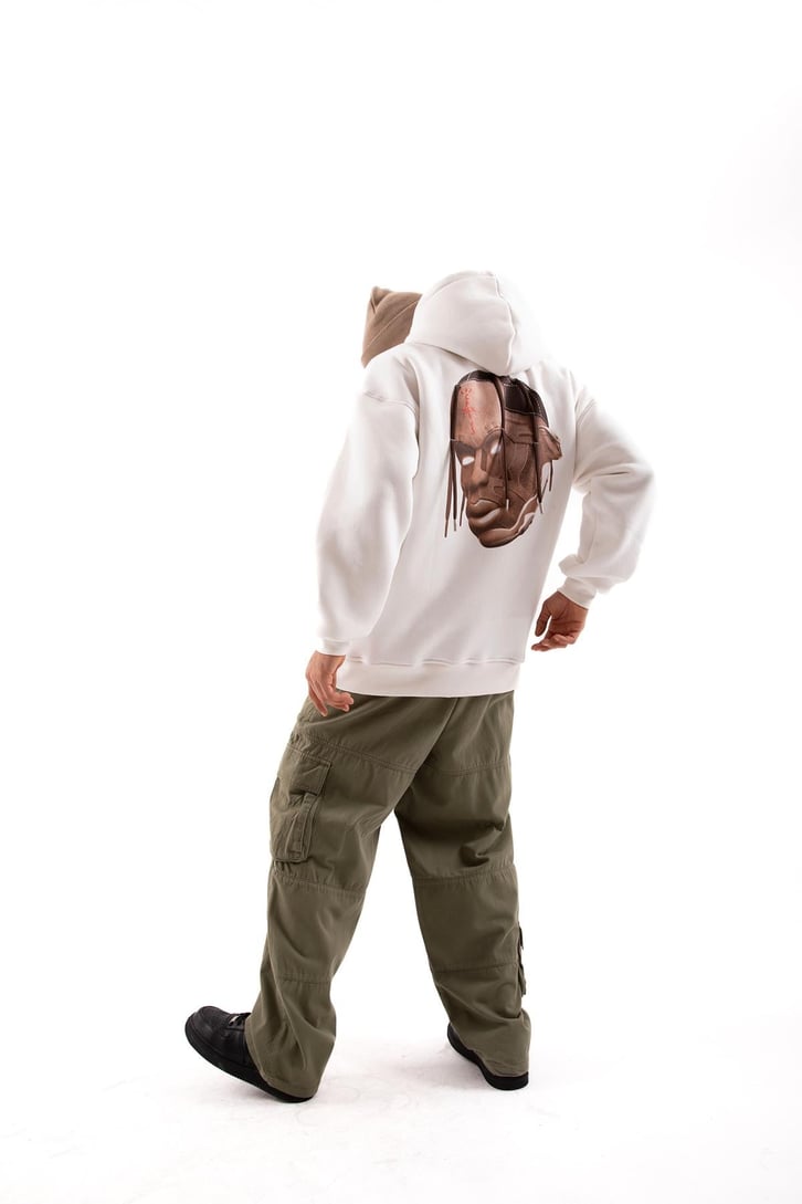 Travis Sırt Bağcıklı Beyaz Oversize Hoodie