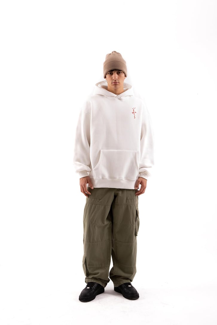 Travis Sırt Bağcıklı Beyaz Oversize Hoodie