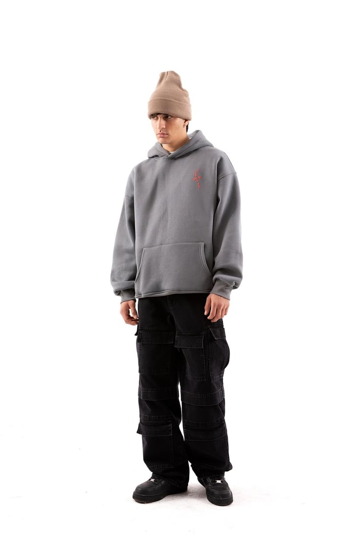 Travis Sırt Bağcıklı Füme Oversize Hoodie