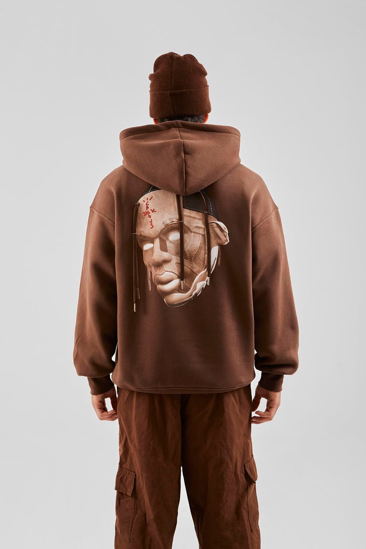 Travis Sırt Bağcıklı Kahverengi Oversize Hoodie