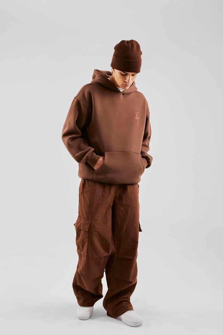 Travis Sırt Bağcıklı Kahverengi Oversize Hoodie