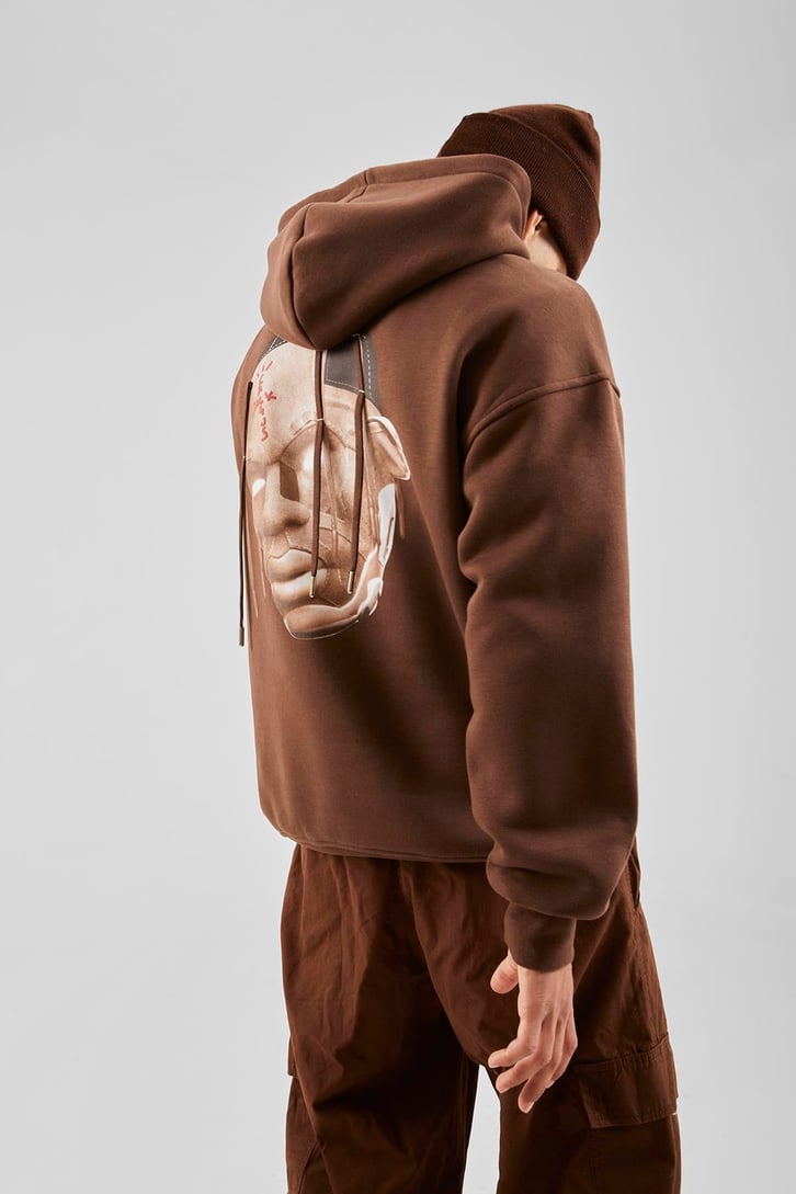Travis Sırt Bağcıklı Kahverengi Oversize Hoodie
