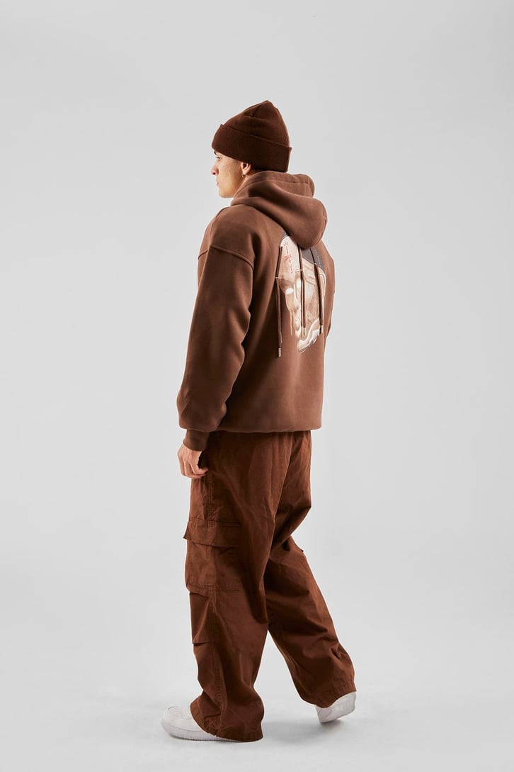 Travis Sırt Bağcıklı Kahverengi Oversize Hoodie