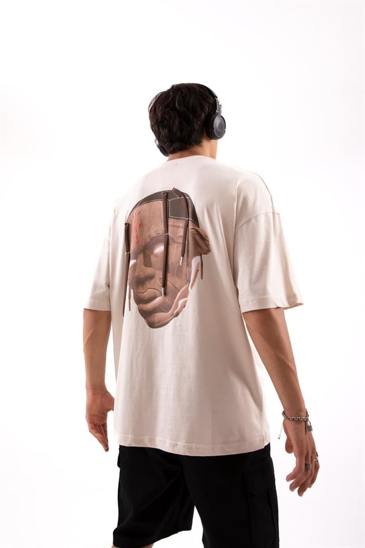 Travis Sırt Baskılı Bağcık Detay Taş Rengi Oversize Tshirt