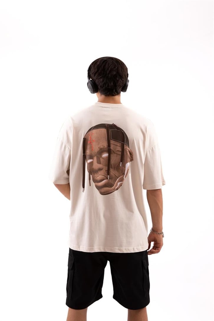 Travis Sırt Baskılı Bağcık Detay Taş Rengi Oversize Tshirt
