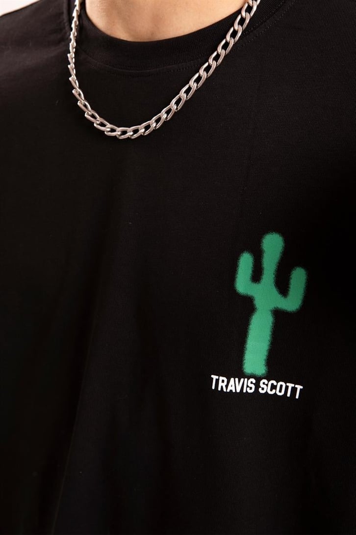 Travis Sırt Baskılı Siyah Oversize Tişört
