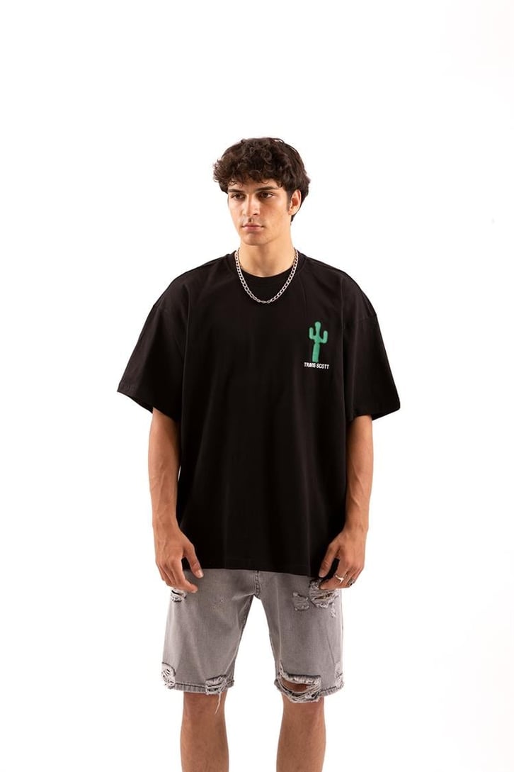 Travis Sırt Baskılı Siyah Oversize Tişört