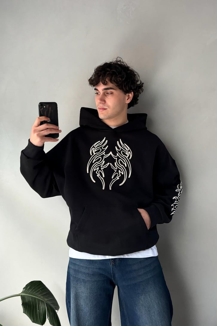Tribal Nakışlı Oversize Hoodie