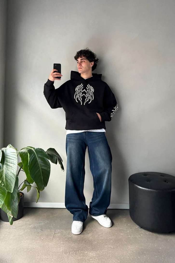 Tribal Nakışlı Oversize Hoodie