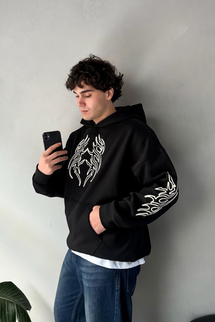 Tribal Nakışlı Oversize Hoodie