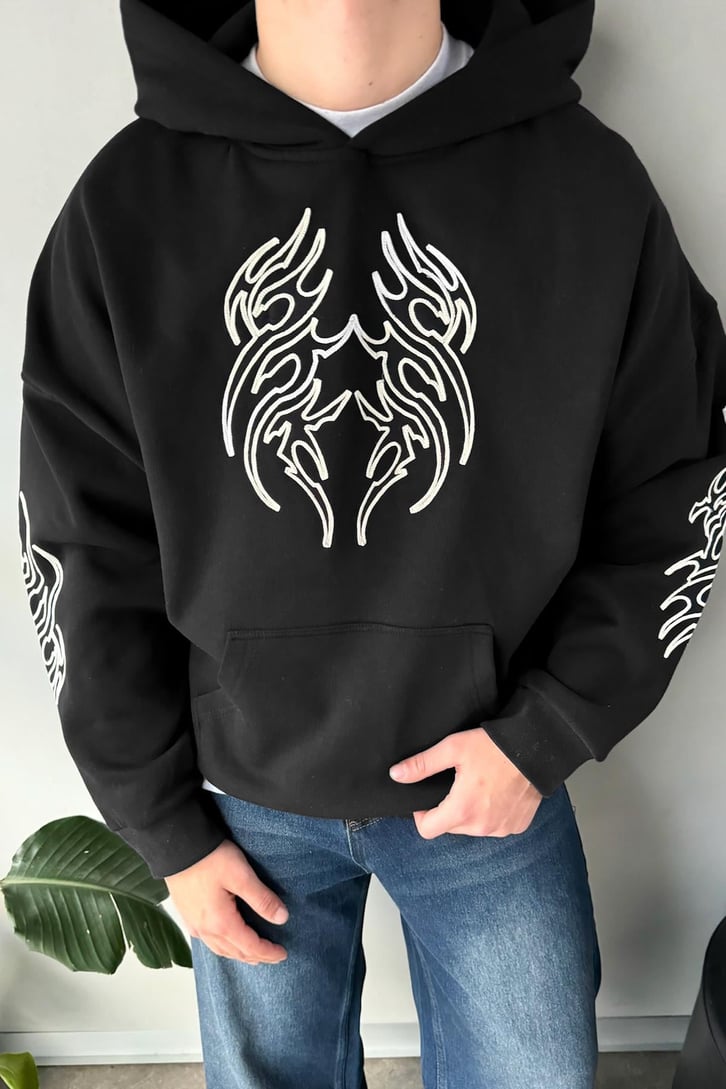 Tribal Nakışlı Oversize Hoodie