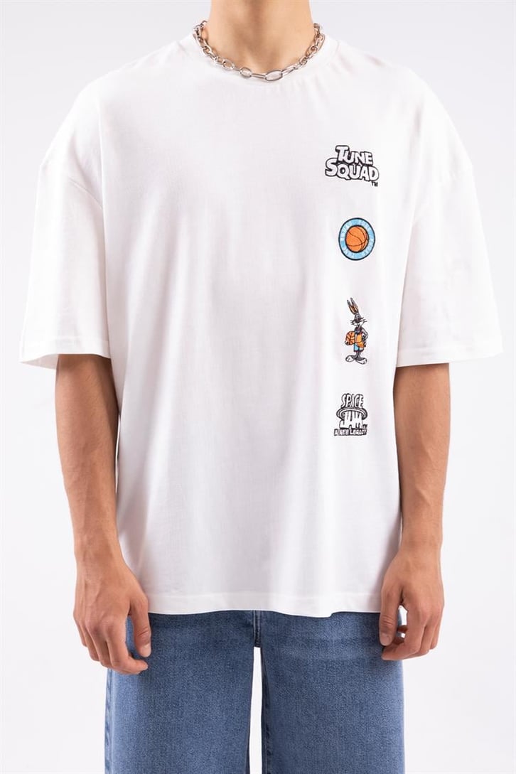 Tune Squad Nakış Detaylı Beyaz Oversize Tshirt