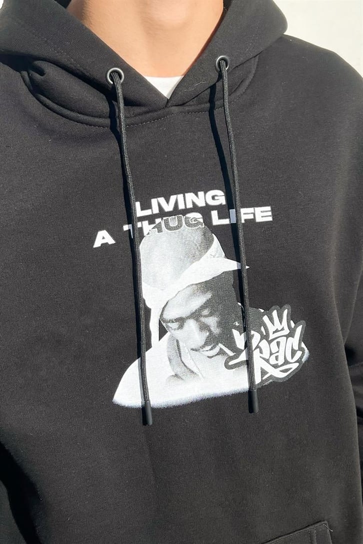 Tupac Baskılı Siyah İçi Pamuklu Oversize Hoodie