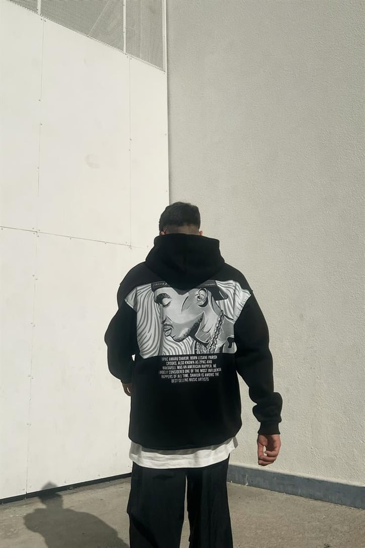 Tupac Baskılı Siyah İçi Pamuklu Oversize Hoodie
