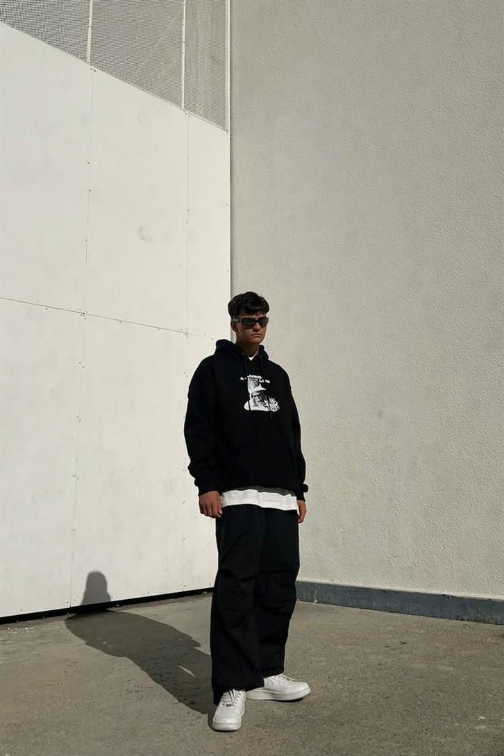 Tupac Baskılı Siyah İçi Pamuklu Oversize Hoodie