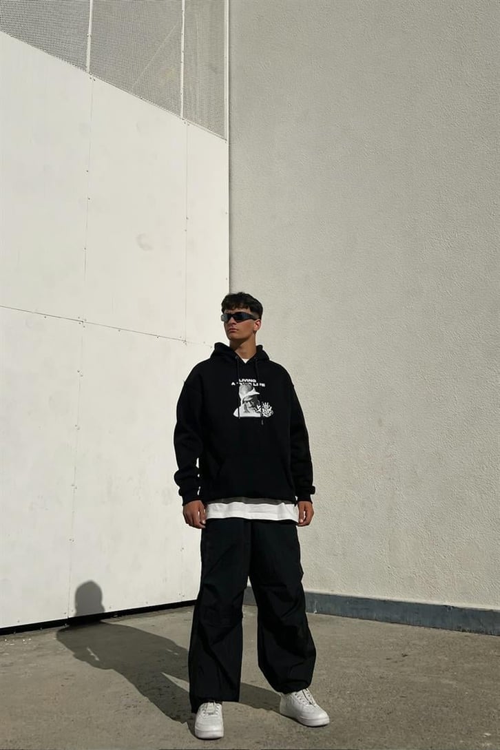 Tupac Baskılı Siyah İçi Pamuklu Oversize Hoodie