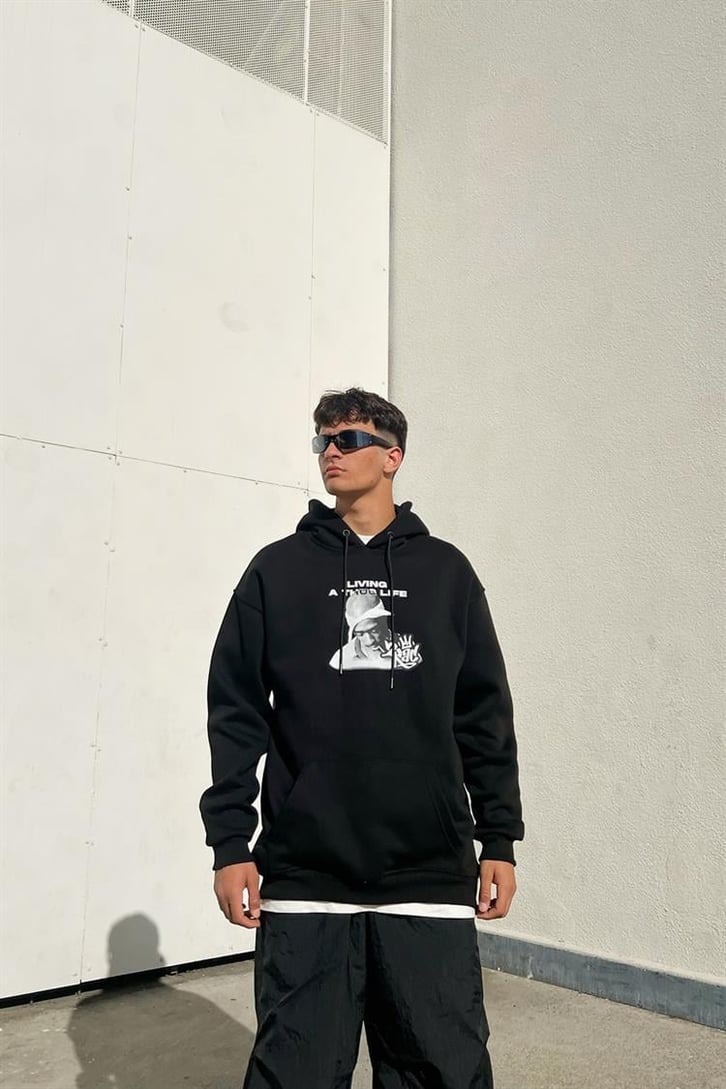 Tupac Baskılı Siyah İçi Pamuklu Oversize Hoodie