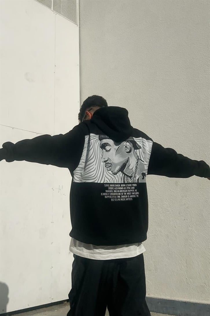Tupac Baskılı Siyah İçi Pamuklu Oversize Hoodie