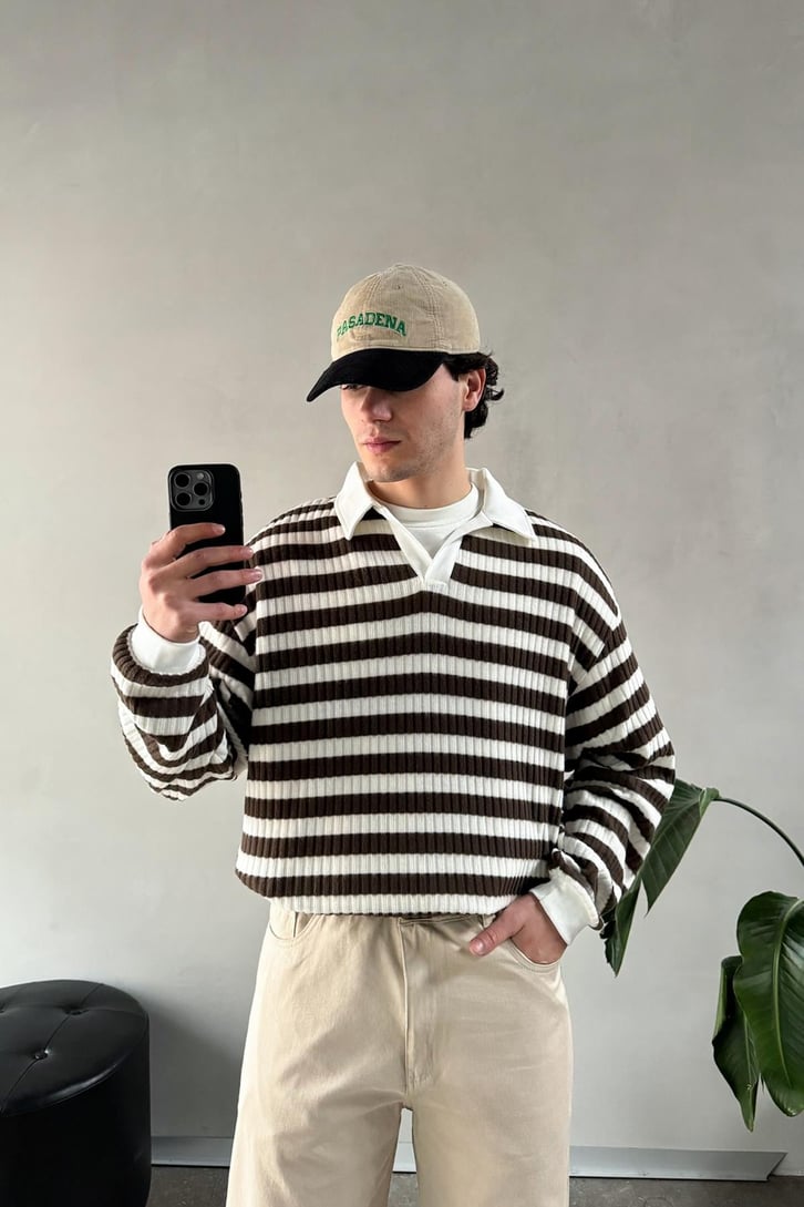 Tüylü Çizgili Polo Yaka Sweatshirt