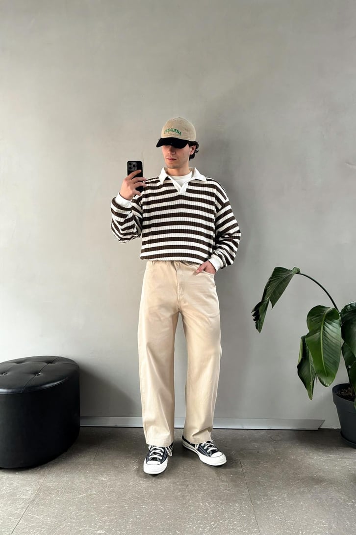 Tüylü Çizgili Polo Yaka Sweatshirt