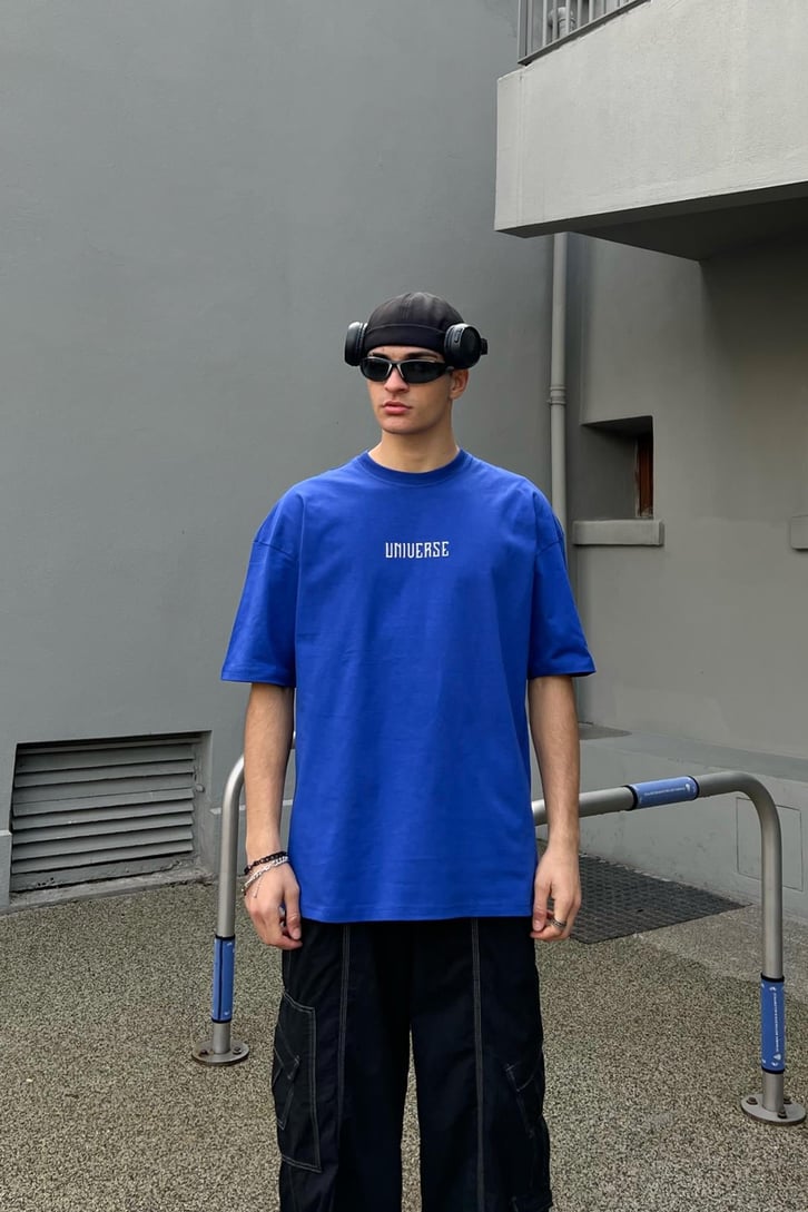Universe 89 Baskılı Saks Mavisi Oversize Tshirt