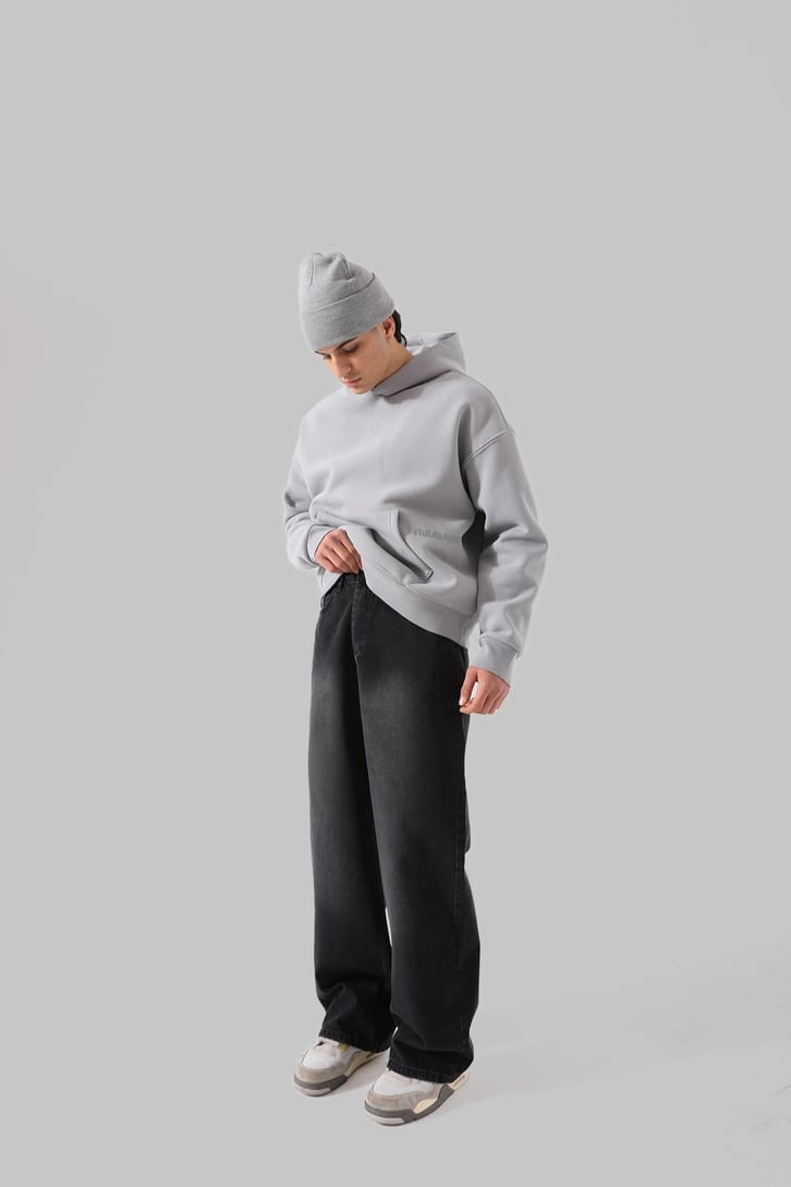 Unyıeldıngness Nakışlı Gri Oversize Hoodie