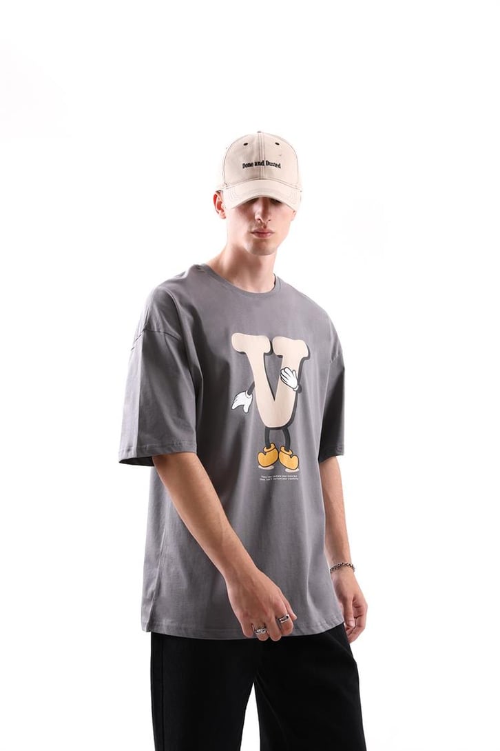 V Sytle Baskılı Oversize Tshirt