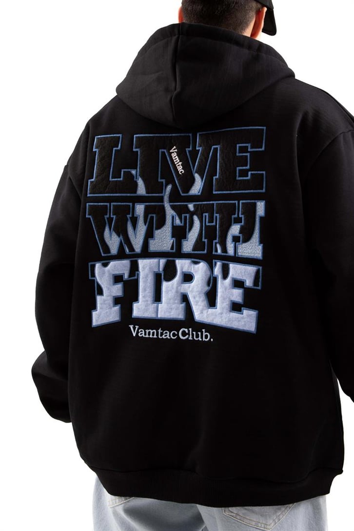 Vamtac Club Nakışlı Siyah Zip Hoodie
