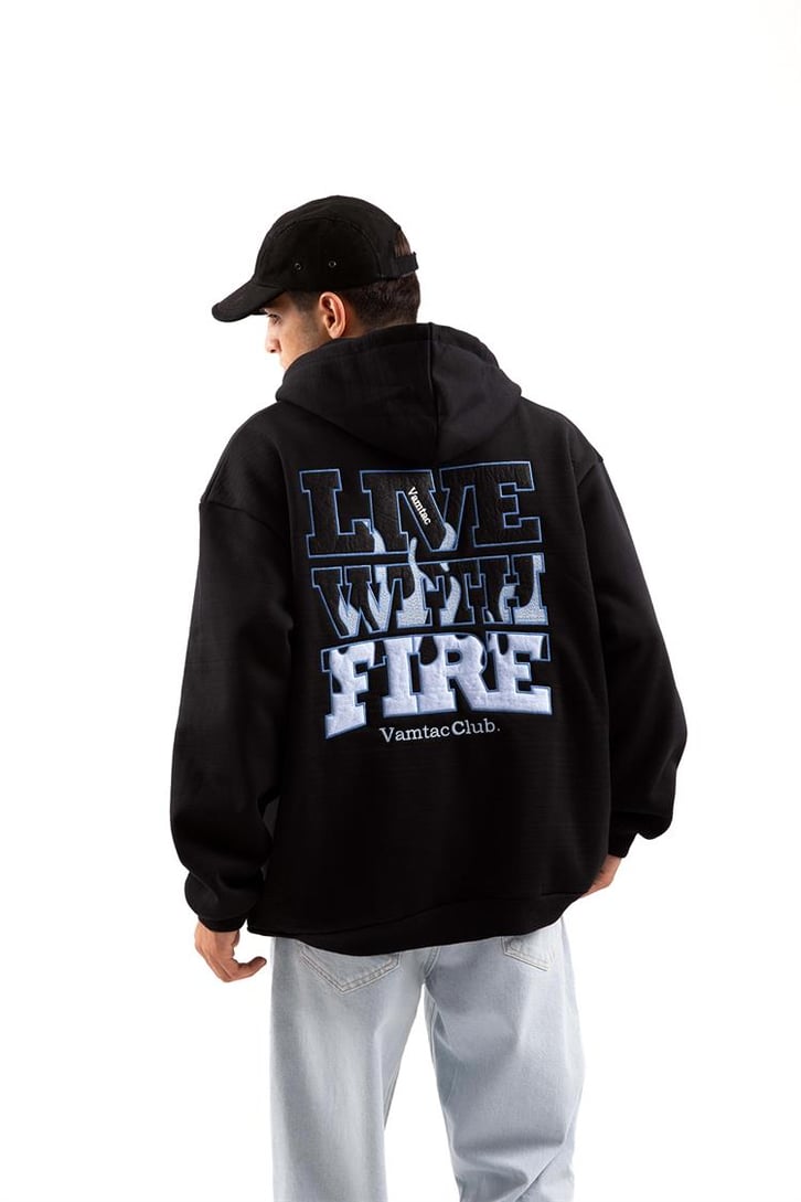 Vamtac Club Nakışlı Siyah Zip Hoodie