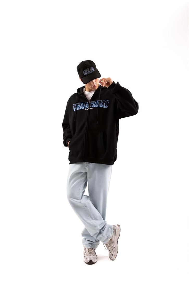 Vamtac Club Nakışlı Siyah Zip Hoodie