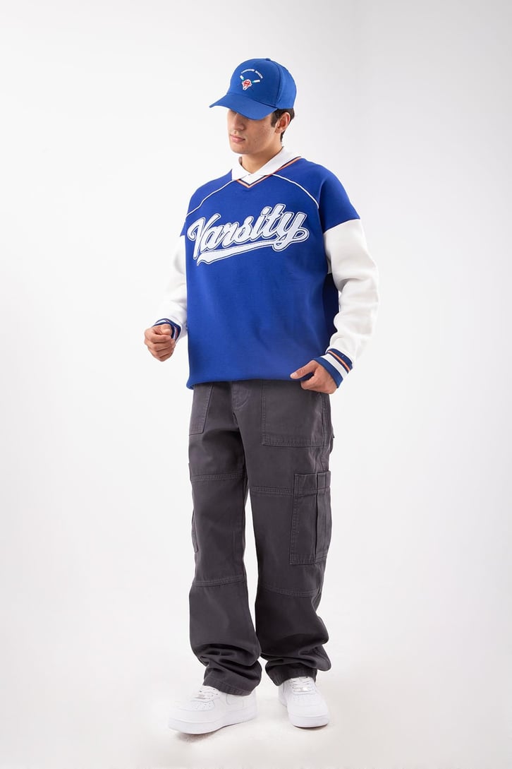 Varsity Nakışlı Collage Mavi Sweatshirt