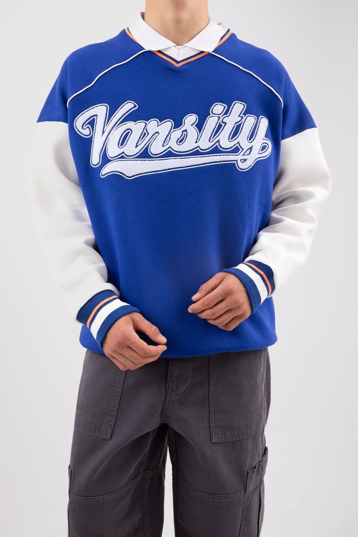Varsity Nakışlı Collage Mavi Sweatshirt