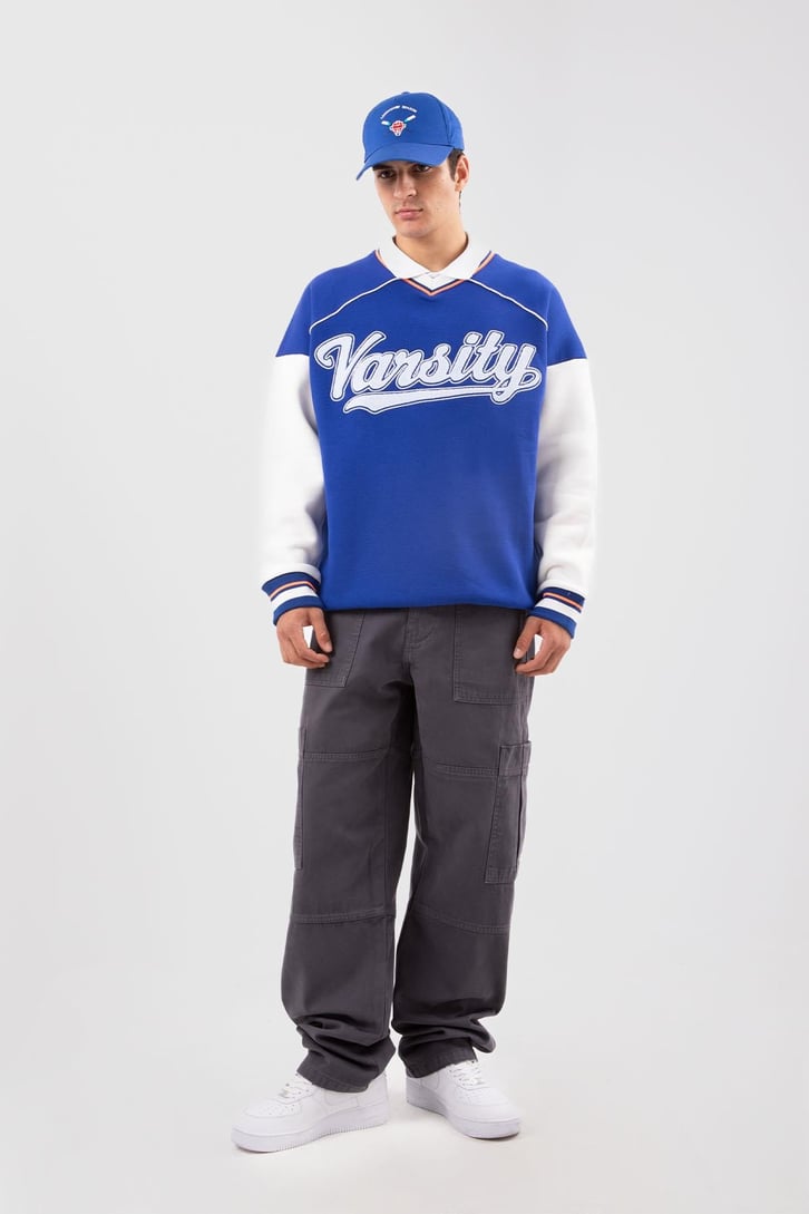 Varsity Nakışlı Collage Mavi Sweatshirt