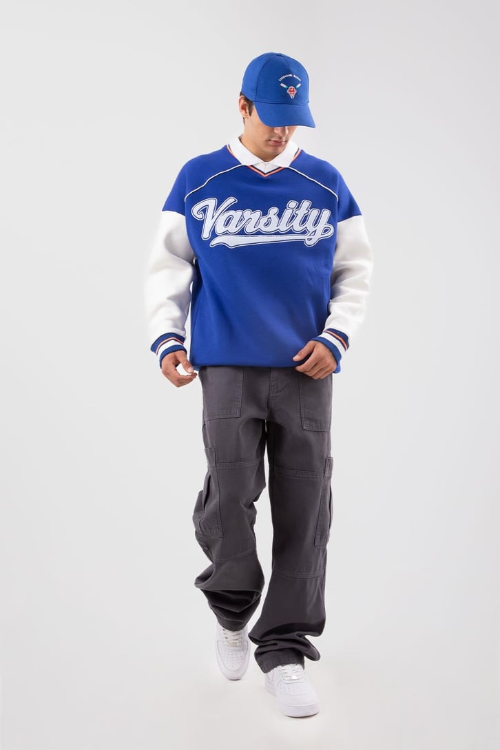 Varsity Nakışlı Collage Mavi Sweatshirt