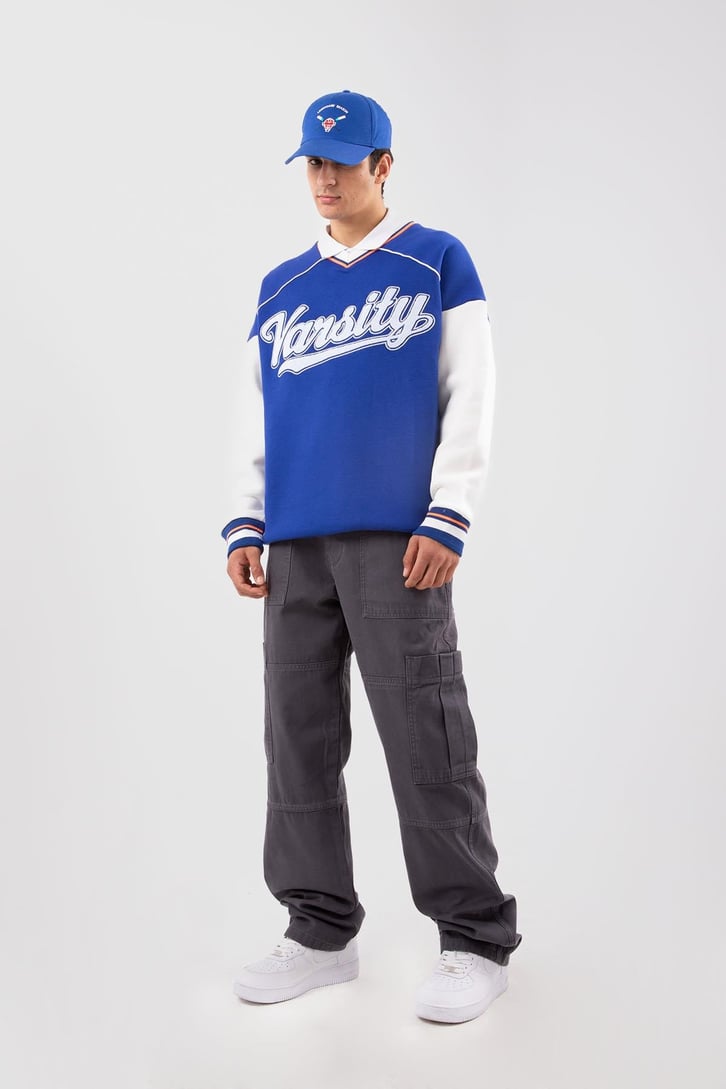 Varsity Nakışlı Collage Mavi Sweatshirt