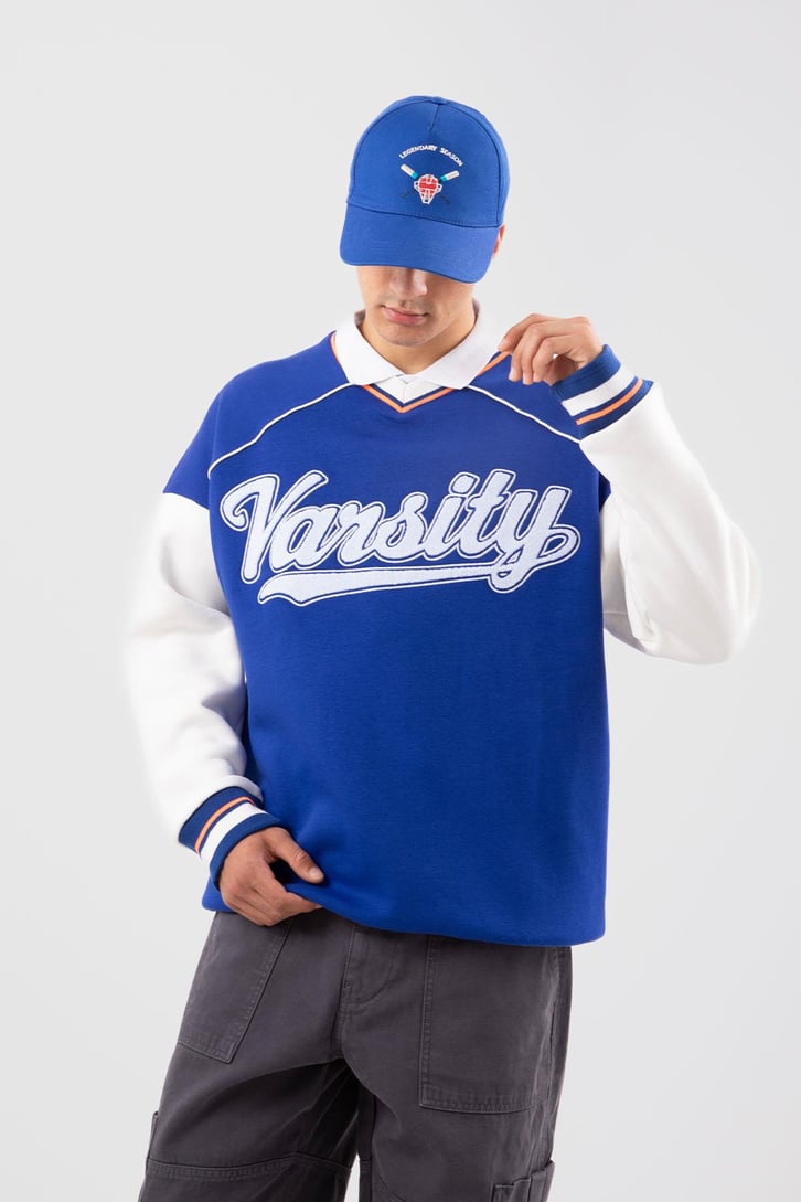 Varsity Nakışlı Collage Mavi Sweatshirt