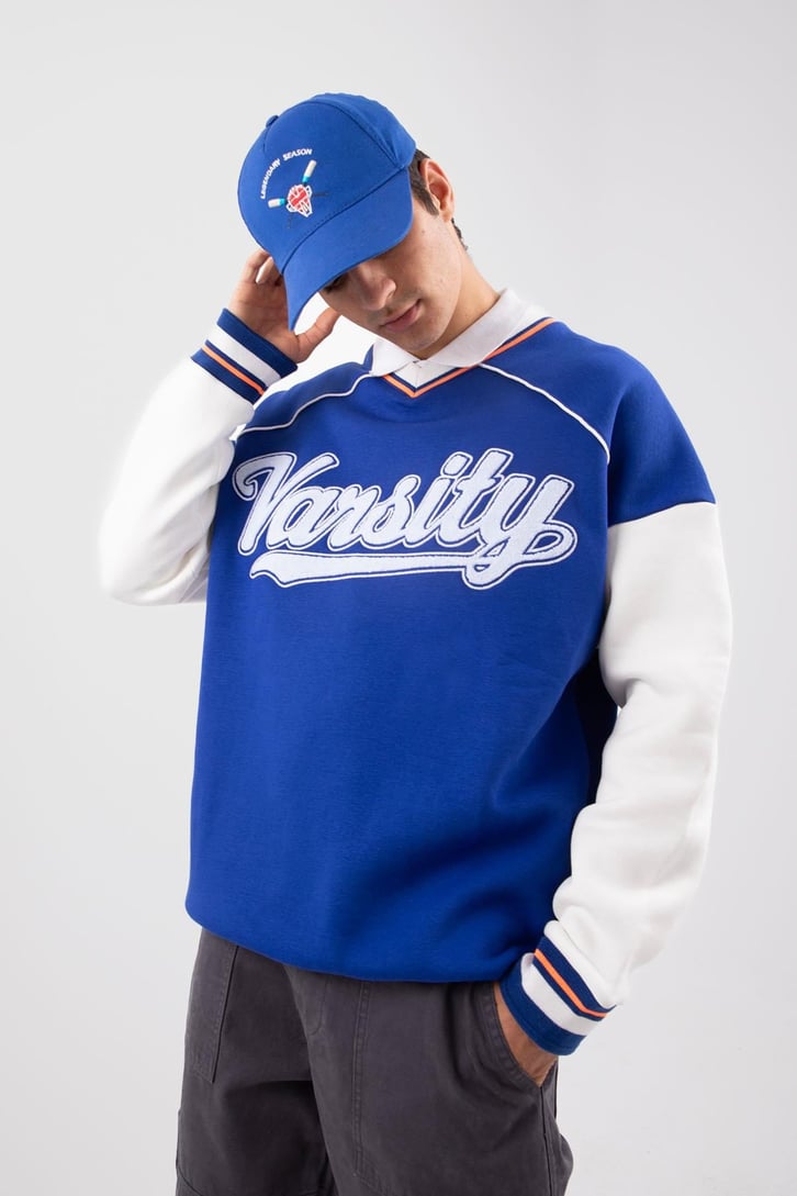Varsity Nakışlı Collage Mavi Sweatshirt