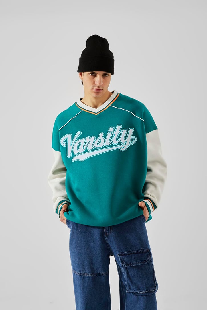 Varsity Nakışlı Collage Yeşil Oversize Sweatshirt