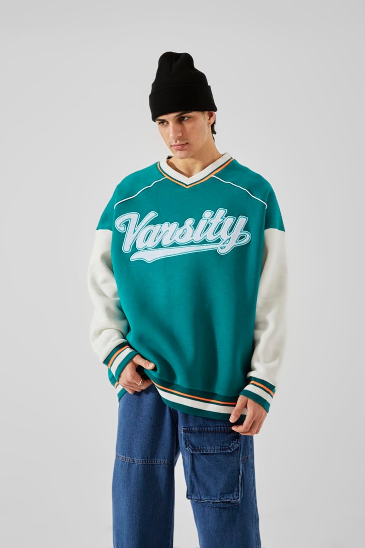 Varsity Nakışlı Collage Yeşil Oversize Sweatshirt