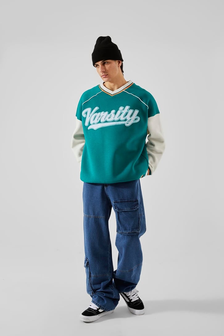 Varsity Nakışlı Collage Yeşil Oversize Sweatshirt
