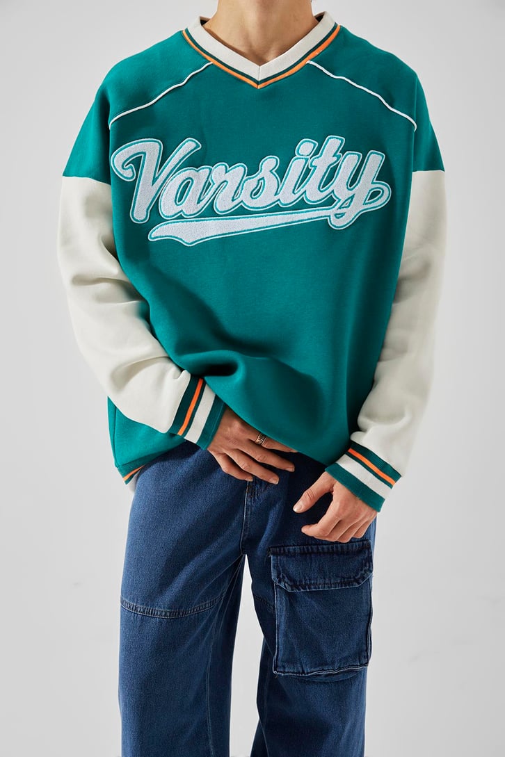 Varsity Nakışlı Collage Yeşil Oversize Sweatshirt