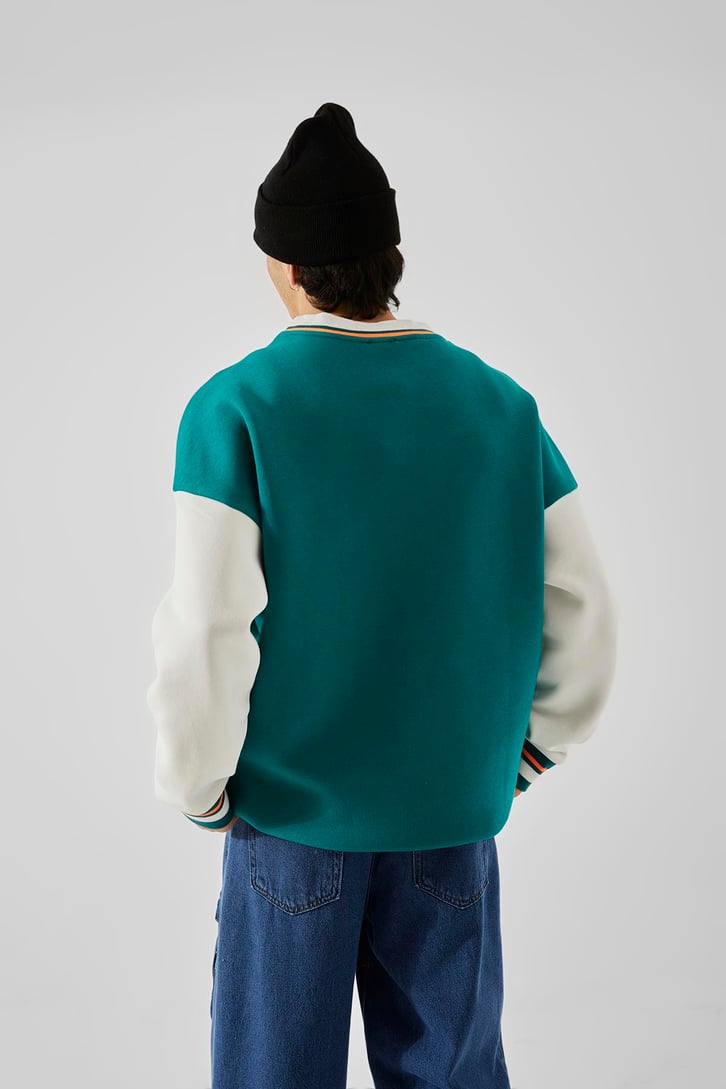Varsity Nakışlı Collage Yeşil Oversize Sweatshirt