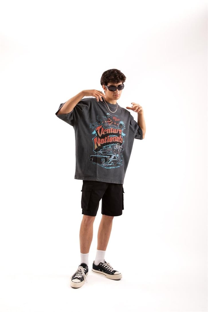 Ventura Baskılı Acid Wash Oversize Tişört